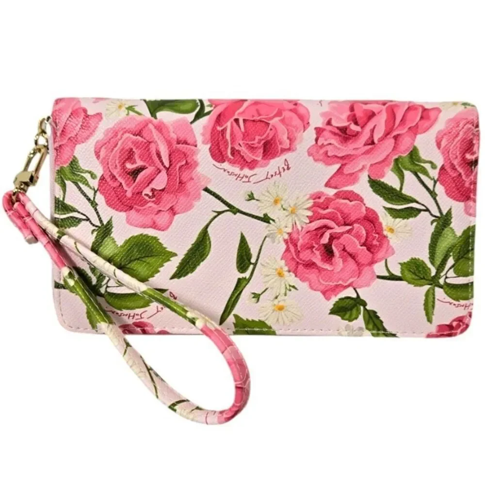 NWT Betsey Johnson Pink & White Floral Bohemian Wristlet around Gold Zip Wallet